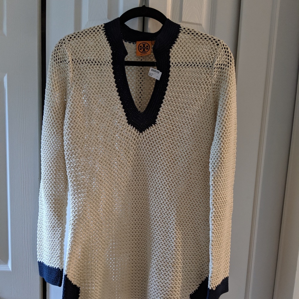 Tory Burch Crocheted Tunic Sweater Cream with Navy